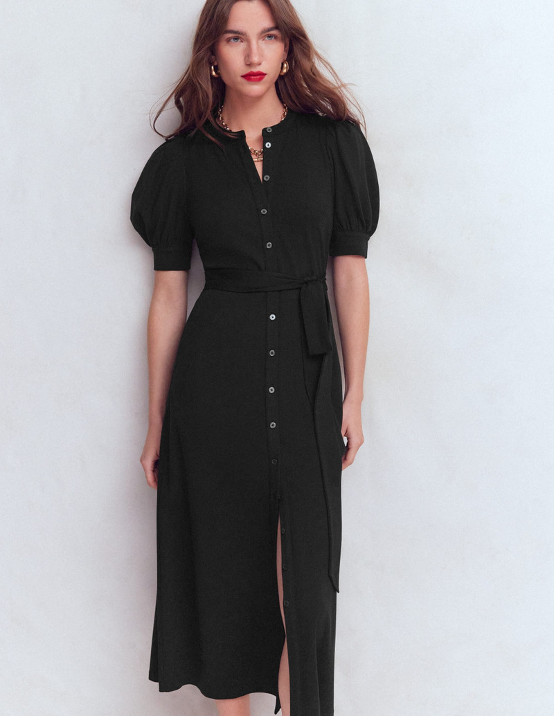 Puff Sleeve Ponte Shirt Dress-Black 6