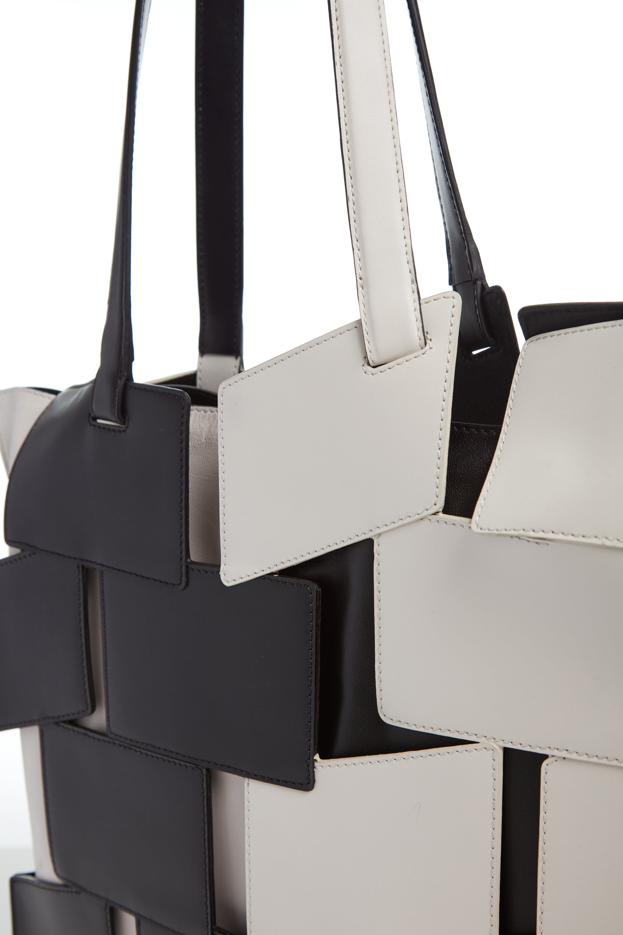 Laquered Patchwork Tote Bag in Black & Ivory Leather - 4