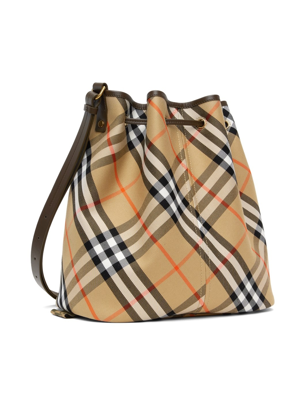 Beige Jacquard Check Drawstring Bucket Bag - 3