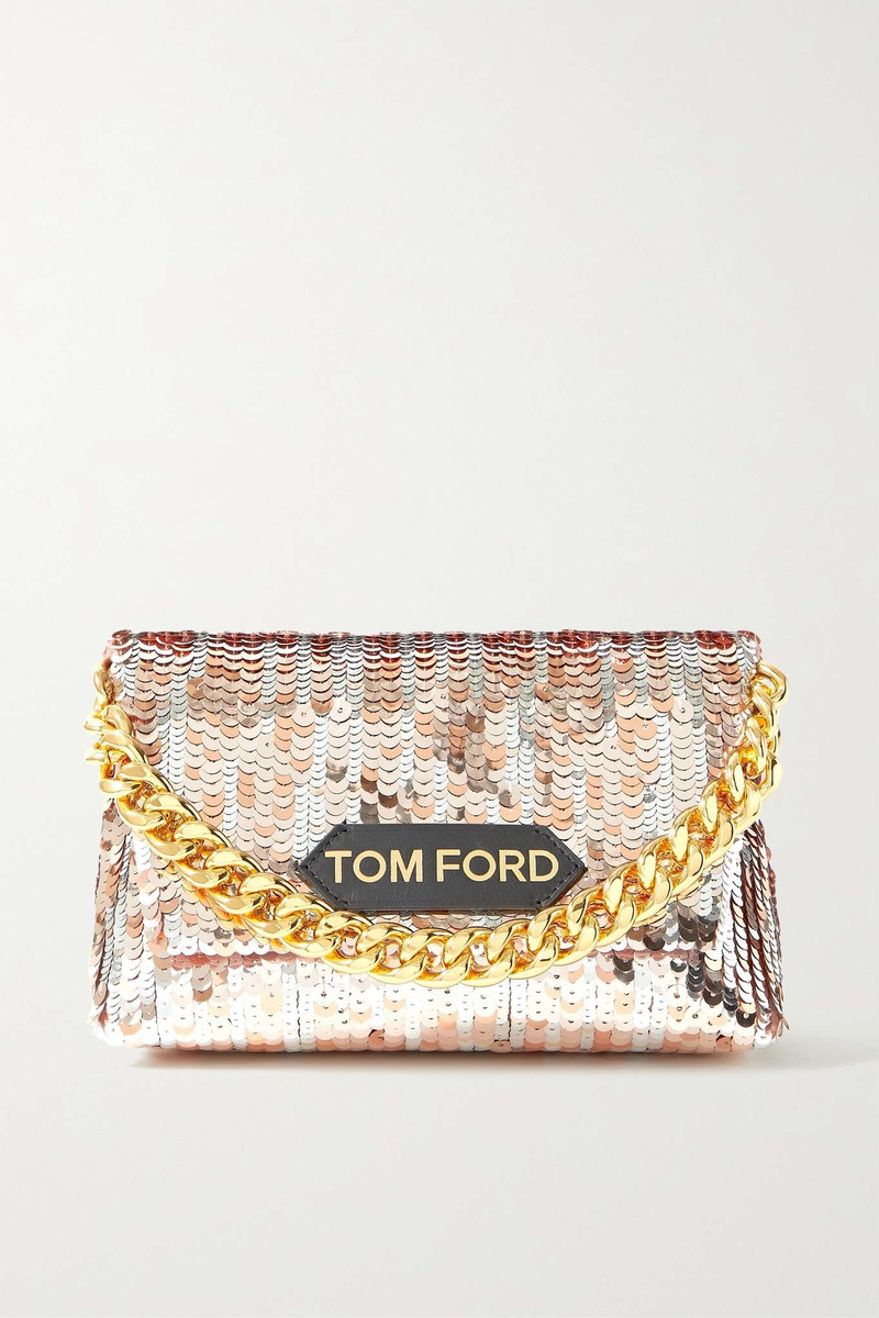 Mini leather-trimmed sequined clutch 1