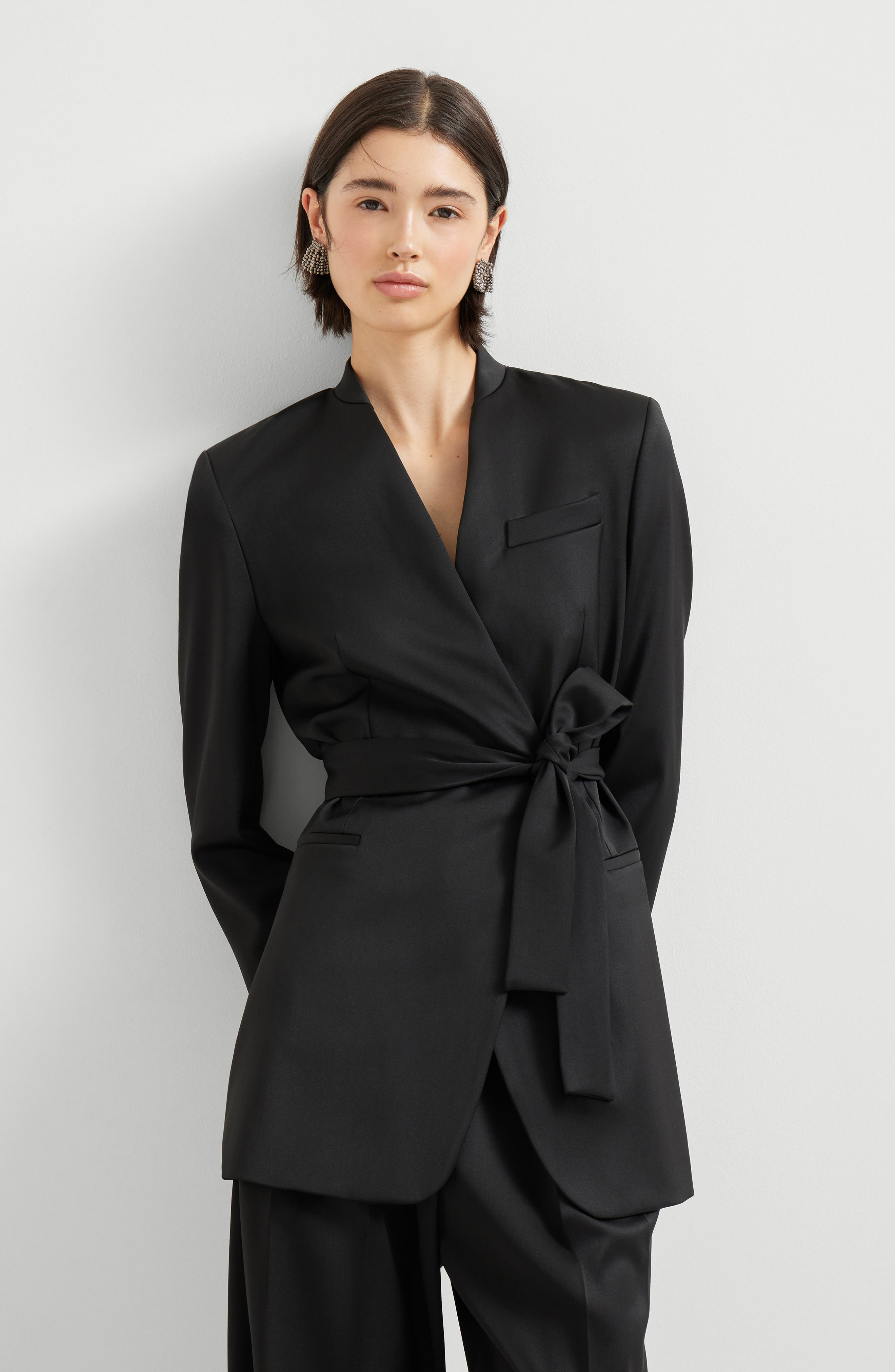 Brunello Cucinelli Satin belted blazer with monili in Black at Nordstrom - 5