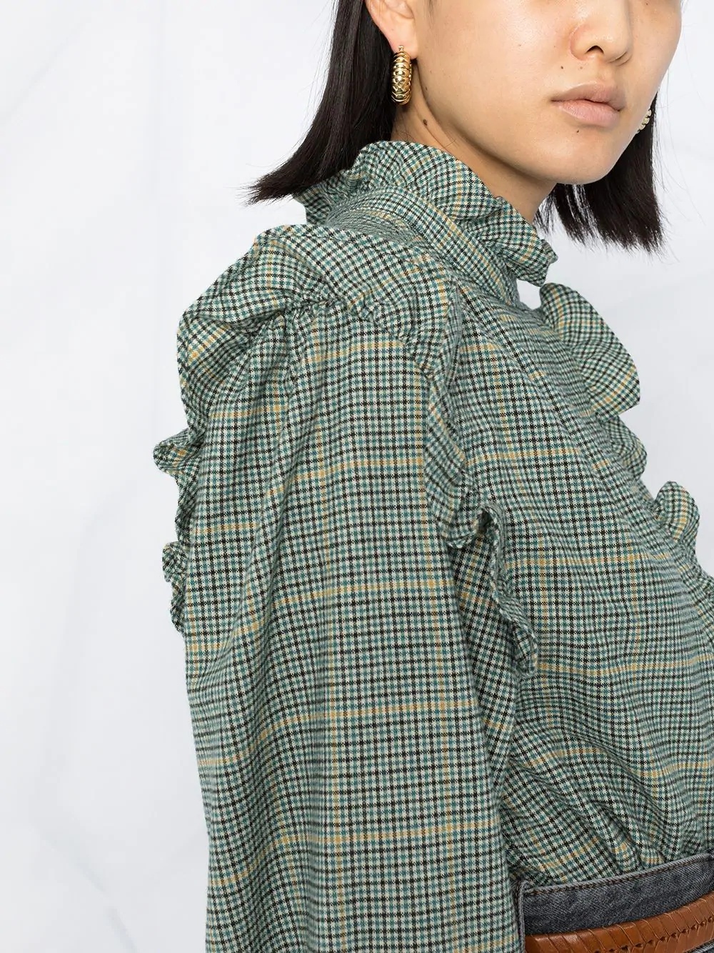 ruffled detail check print blouse - 3