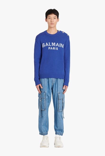 HIGH SUMMER CAPSULE - “Gitane” blue cotton sweater with embroidered white Balmain Paris logo - 4