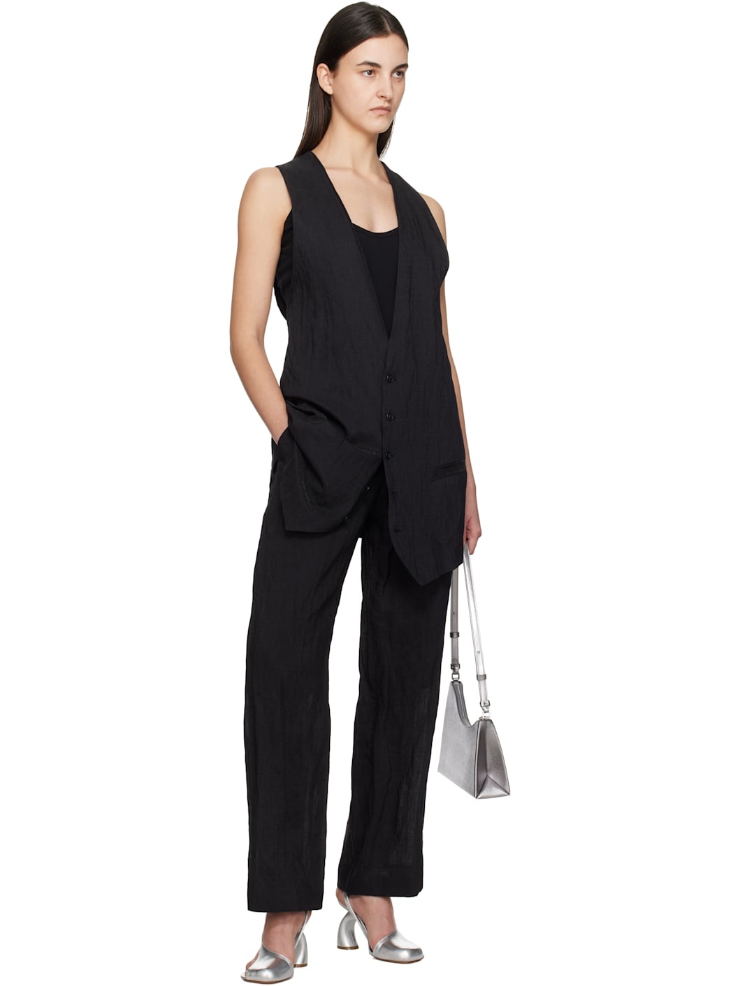 Black Crinkled Metallic Tailoring Vest - 5