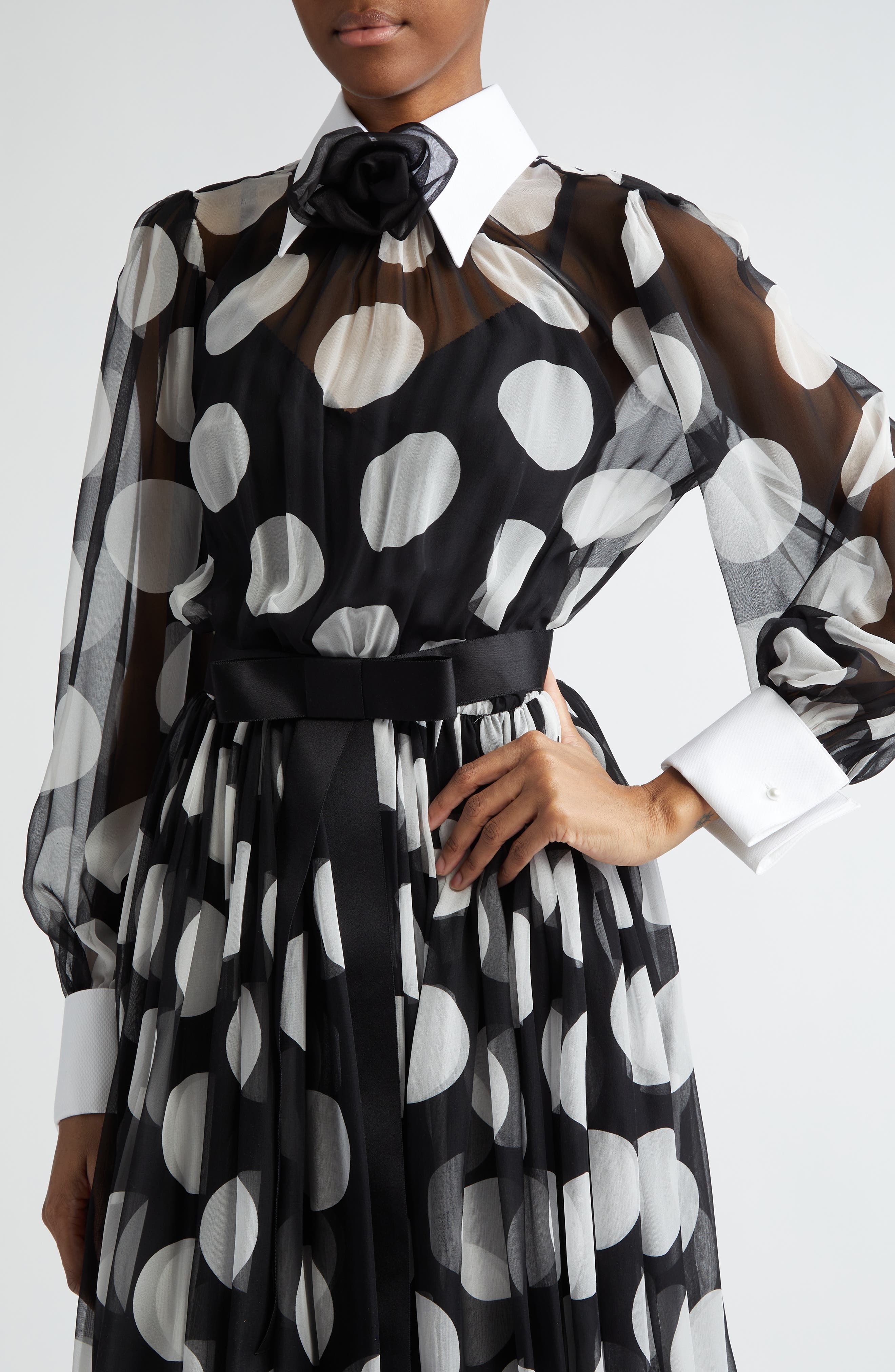 Polka Dot Long Sleeve Belted Chiffon Midi Dress - 4