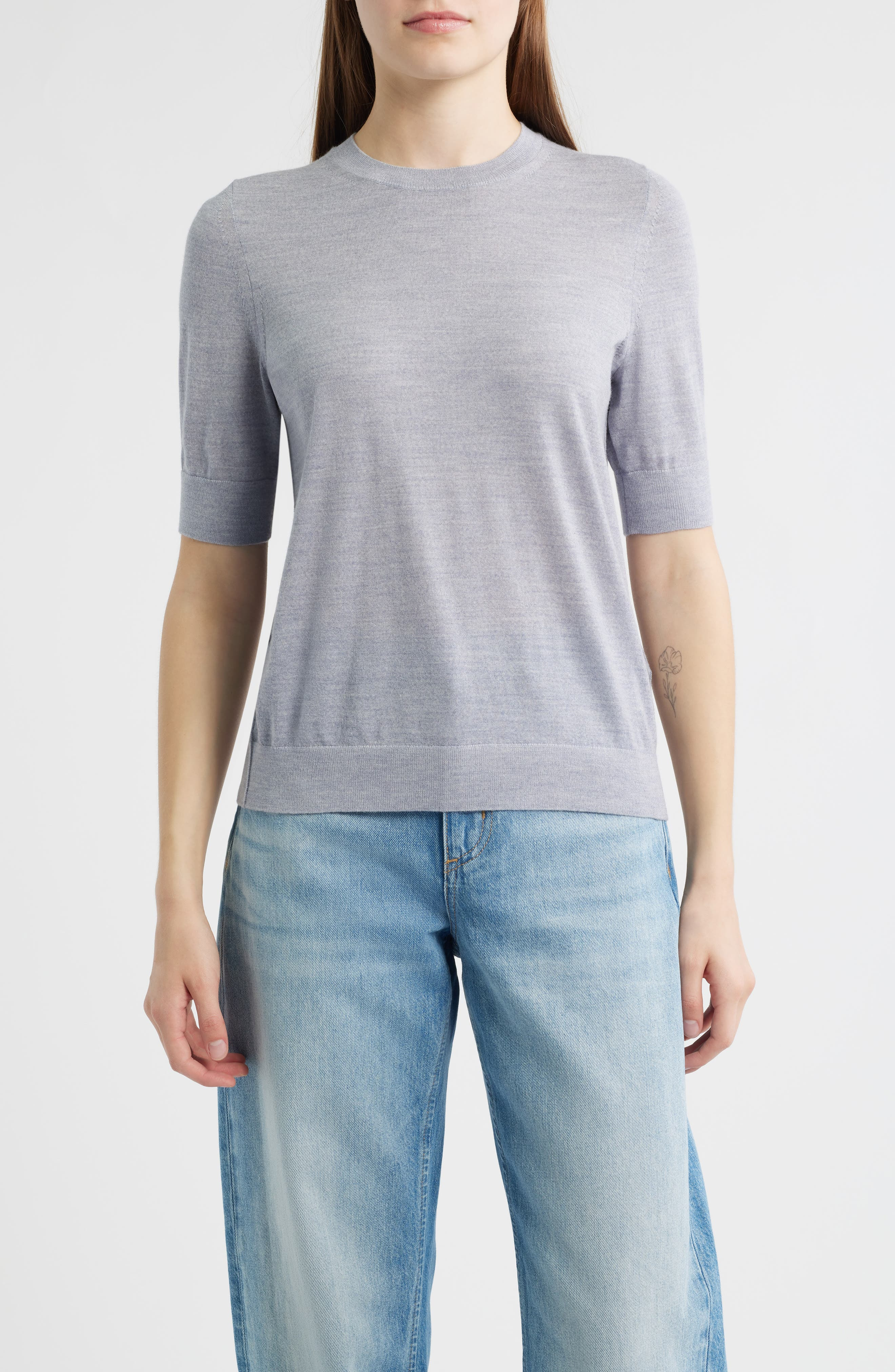 BOSS Farbella Short Sleeve Virgin Wool Sweater in Glacier Grey at Nordstrom - 1