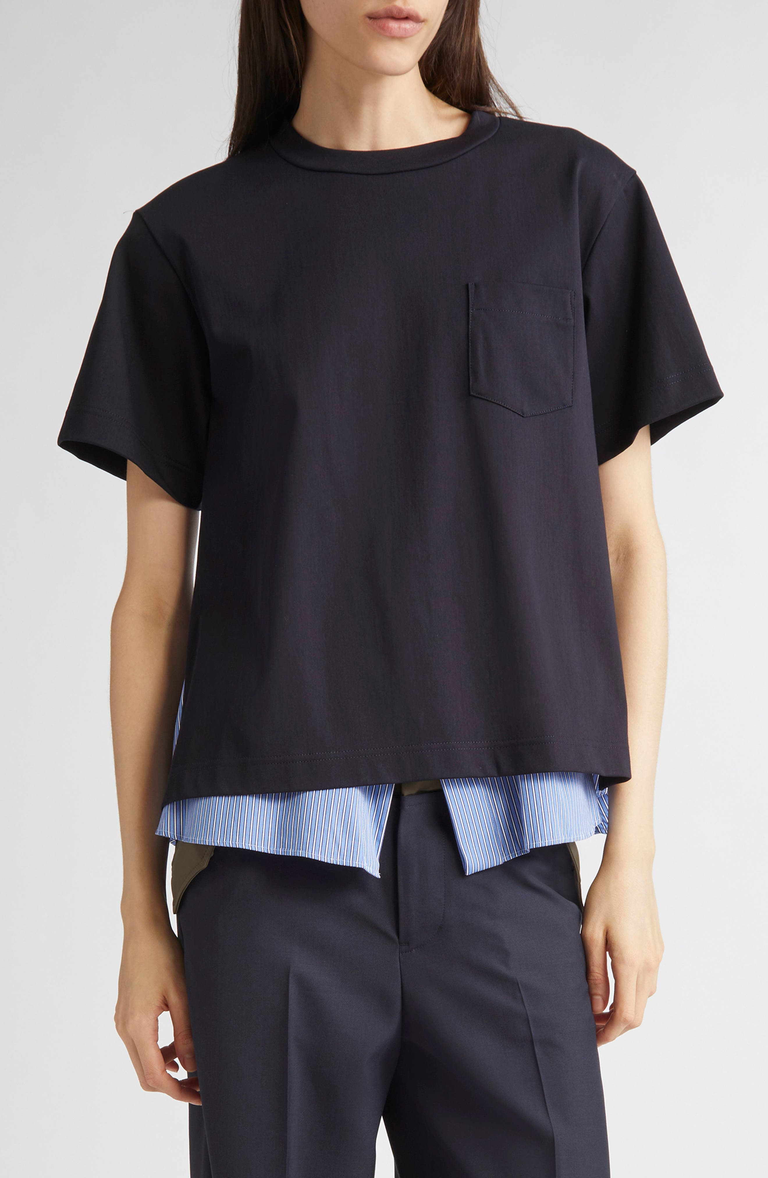 Sacai Mixed Media Jersey & Poplin Pocket T-Shirt in Navy/Blue Stripe at Nordstrom - 1