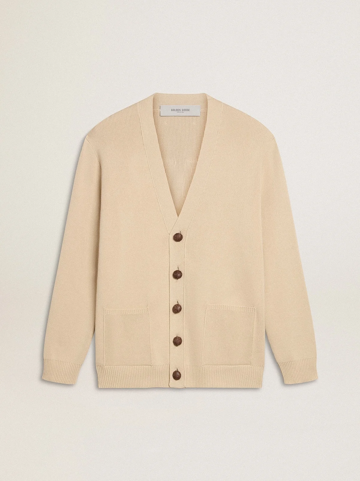 Men’s beige cardigan with 'Golden' lettering on the back - 1