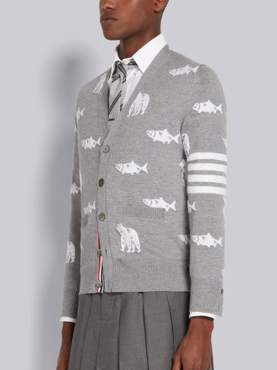 Thom Browne Light Grey Merino Wool Bear and Salmon Half Drop Intarsia 4-Bar Stripe Relaxed Fit V-Neck Cardigan outlook