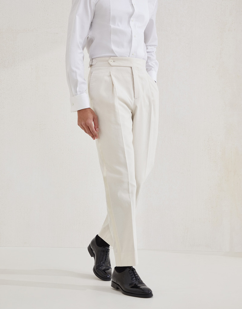 Sea Island cotton narrow wale corduroy tuxedo trousers with pleat and waist tabs 1