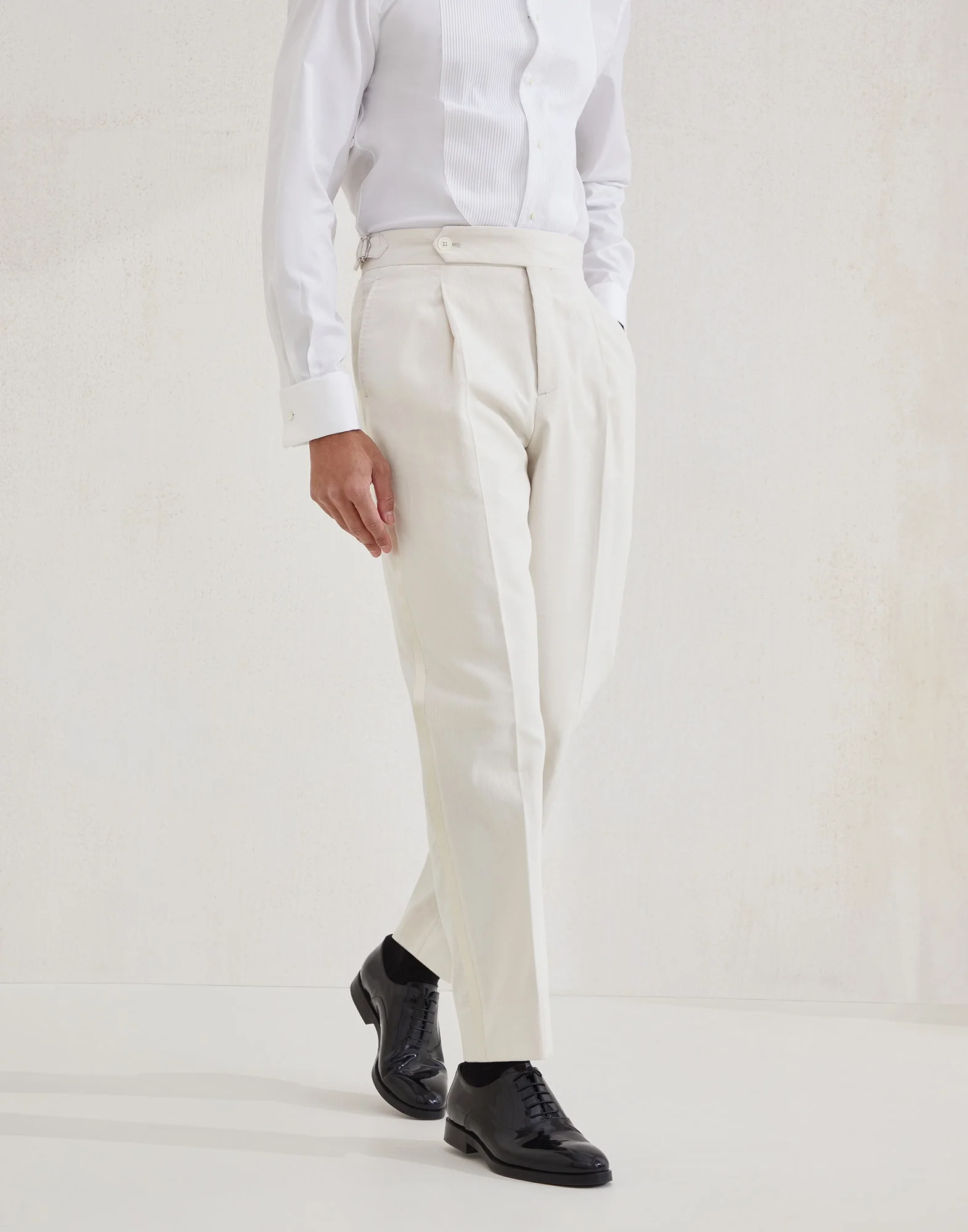 Sea Island cotton narrow wale corduroy tuxedo trousers with pleat and waist tabs - 1