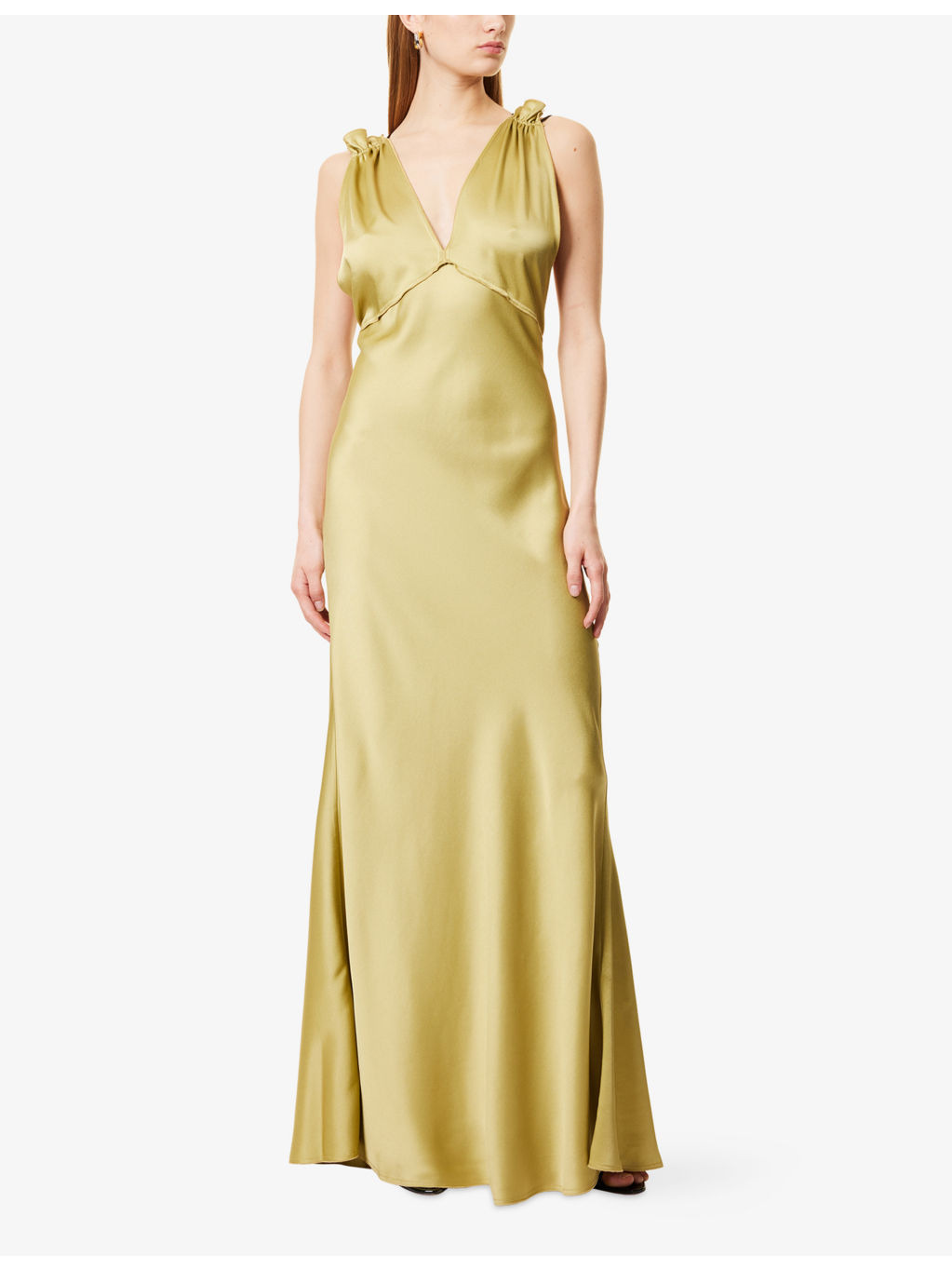 Gathered V-Neck Satin Maxi Dress - 3