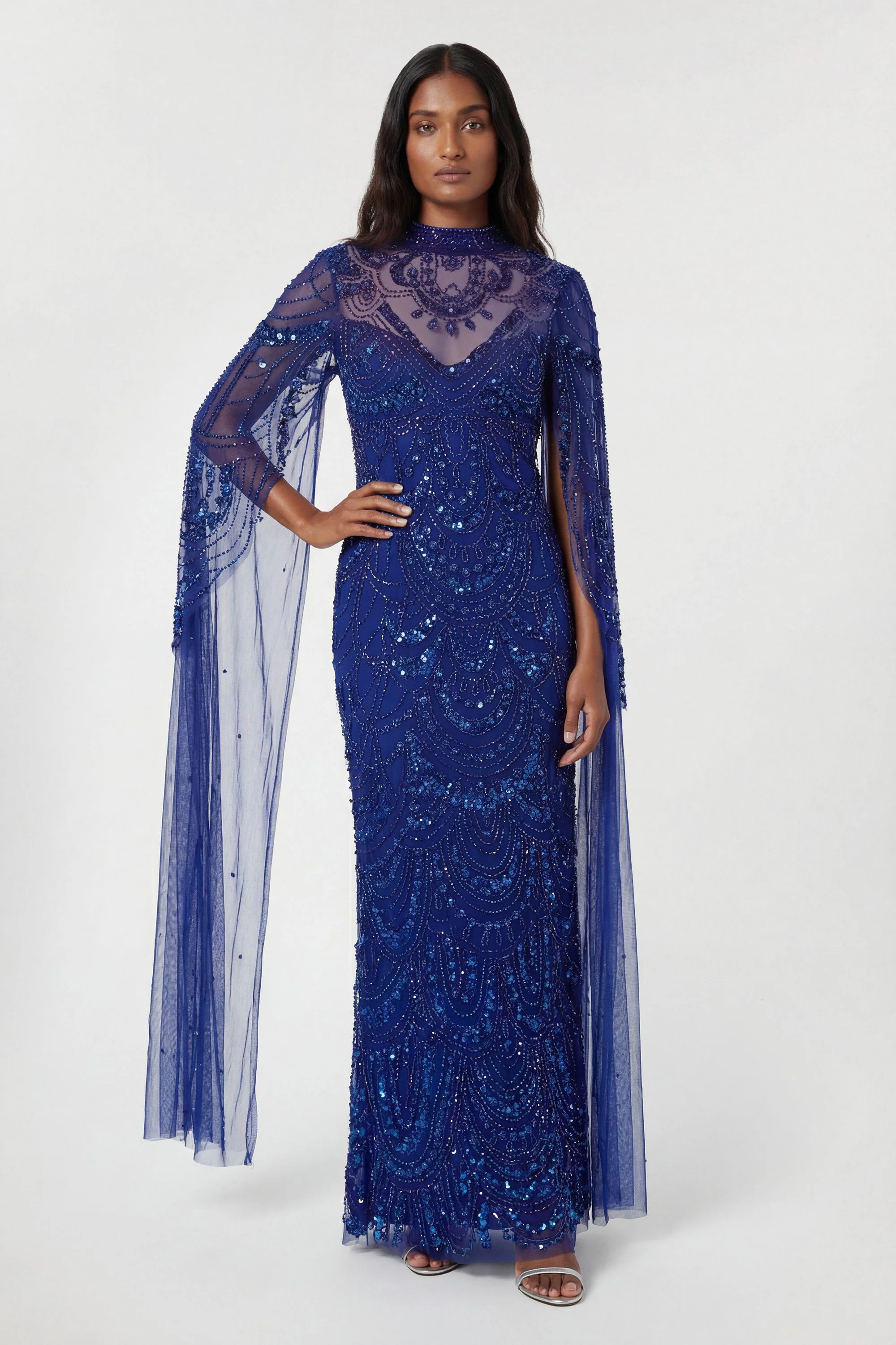 Petite Premium Beaded Embellished Woven Midaxi Cape Dress - 1
