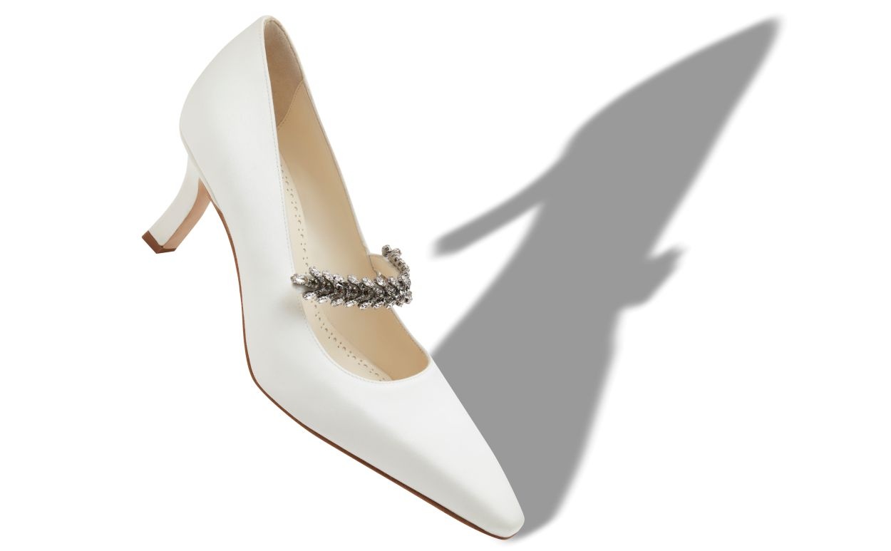 White Satin Jewel Embellished Pumps - 2