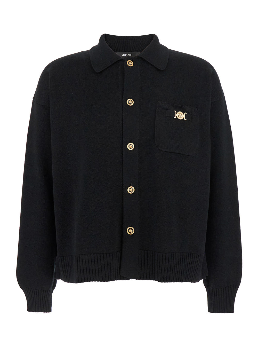 Versace Men Black Cardigan With Classic Collar And Logo Plaque On The Front In Cashmere And Cotton B - 1
