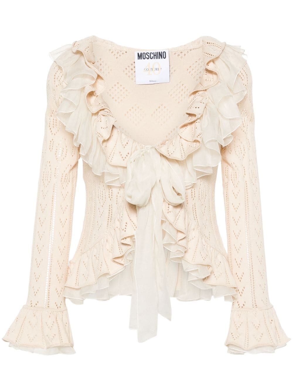 ruffle-trim pointelle-knit cardigan - 1