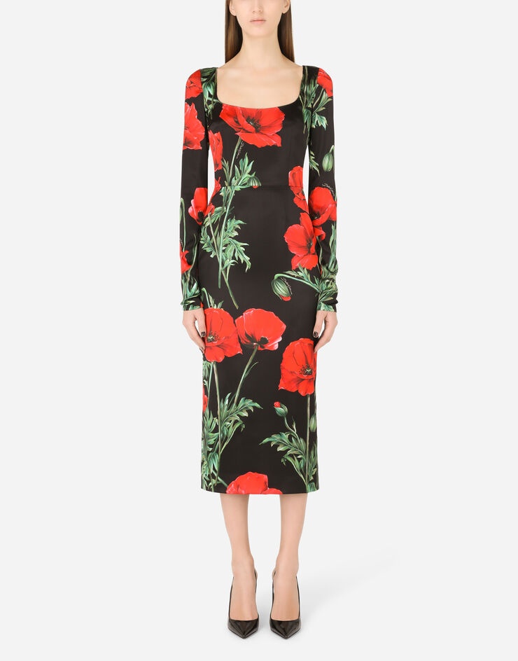 Satin calf-length dress with poppy print - 1