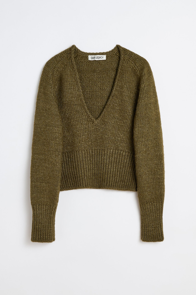 Sharp V-Neck Flush Green Rustic Wool Silk 1