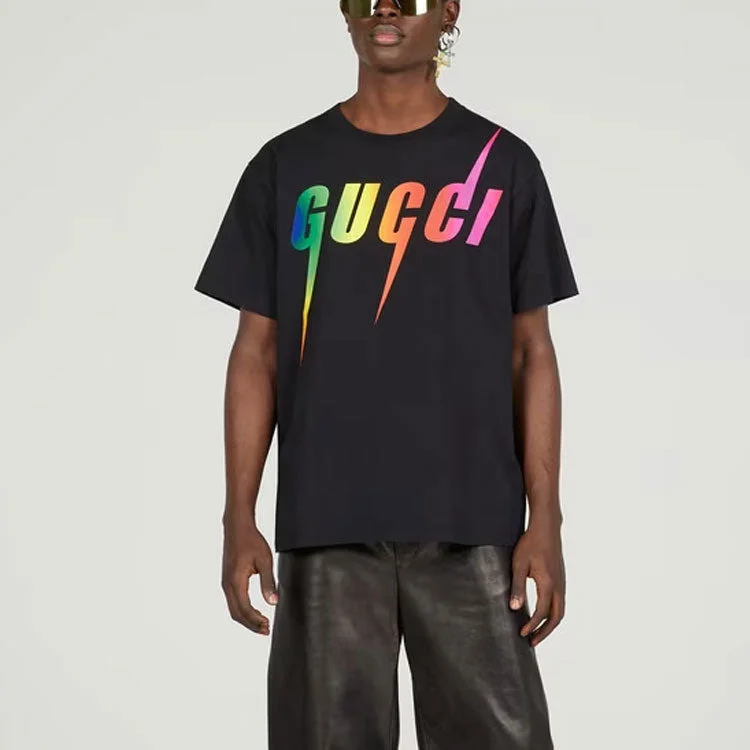 GUCCI ブラック Tシャツ カラフルロゴ Gucci Men Logo Cities T Shirt Size Medium Black Cotton Rainbow