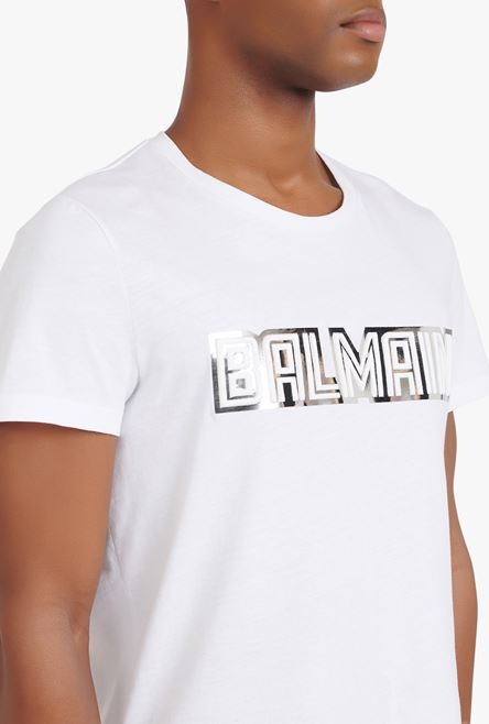 White eco-designed cotton T-shirt with embossed silver Balmain Paris logo - 2