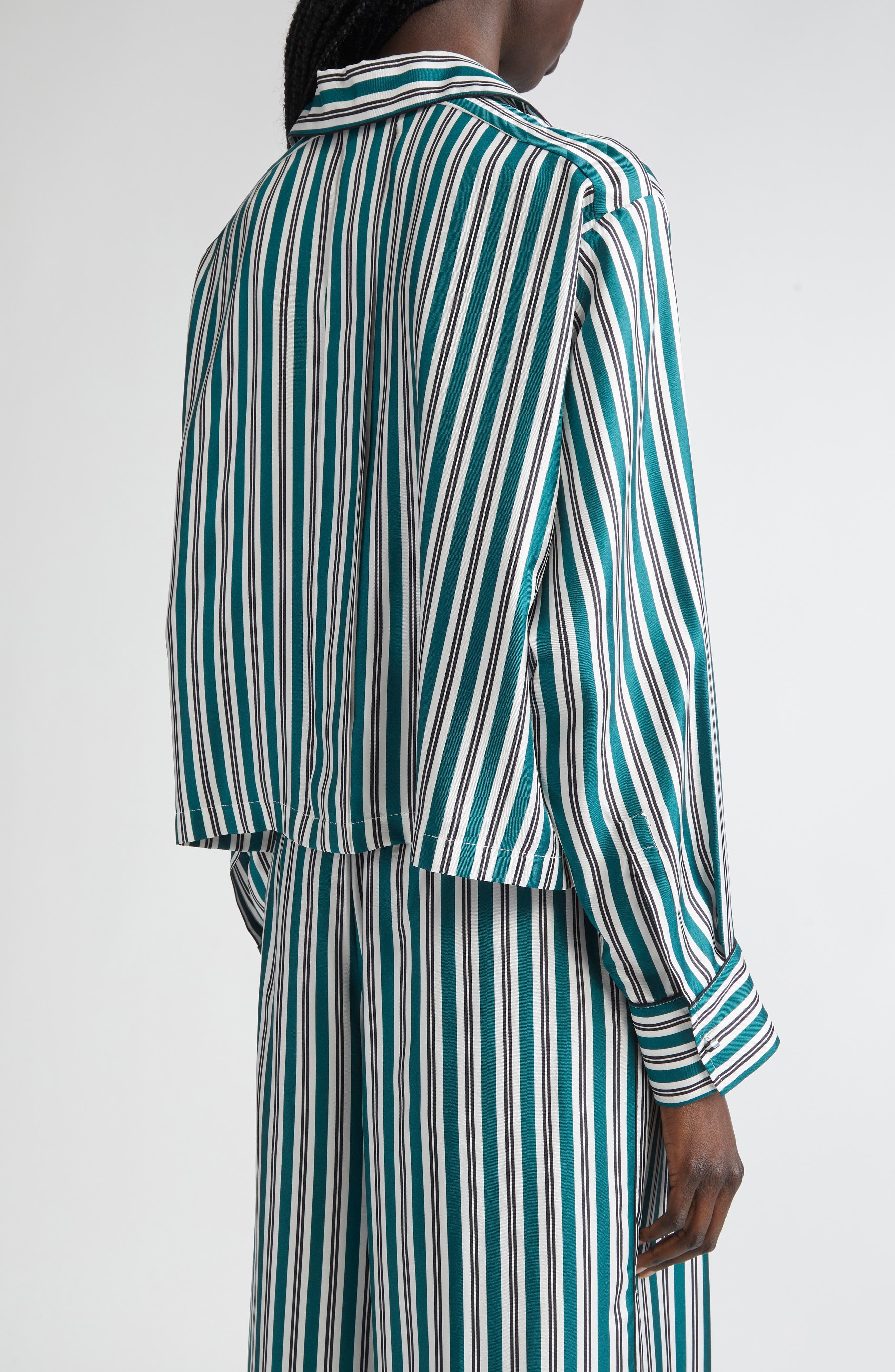 Max Mara Brama Stripe Crop Silk Button-Up Shirt in Dark Green at Nordstrom - 3