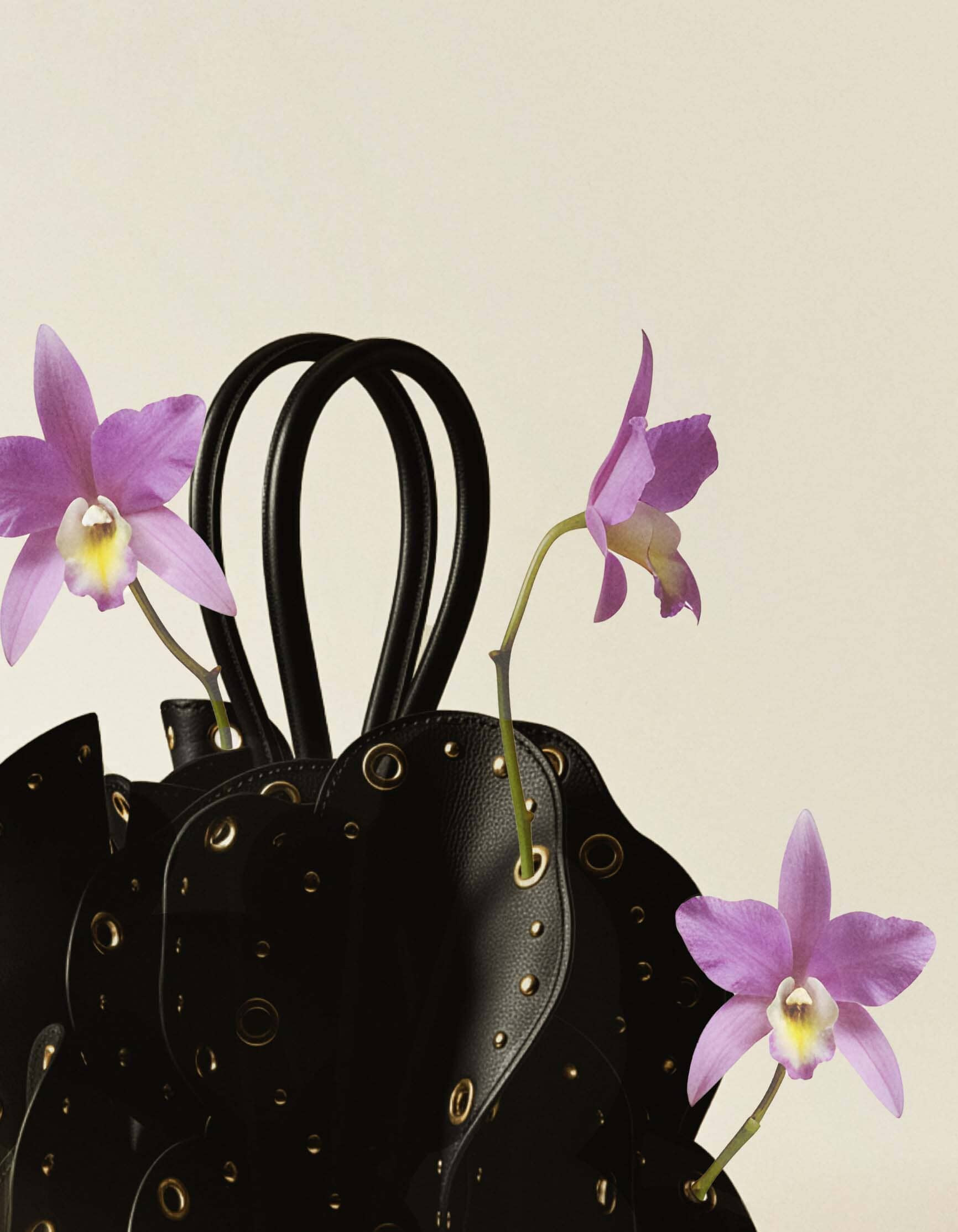 Black Leather Studded Flower Bag - 6