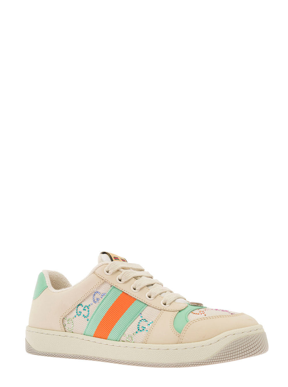 Gucci Women Beige Low-Top Sneakers With Web And Multicolour Gg Crystals In Wool Blend Woman - 3