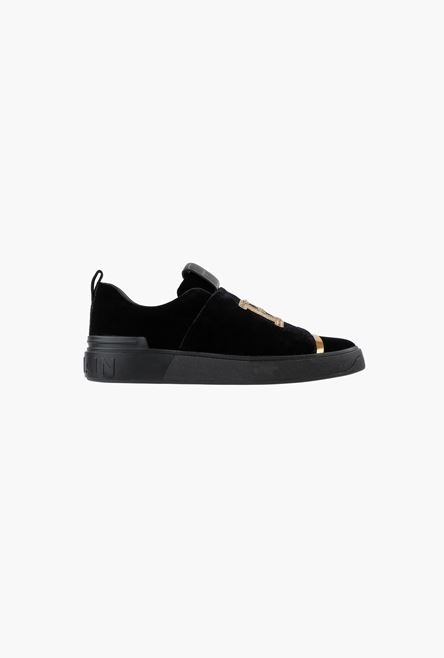 Black embroidered velvet B-Court sneakers with gold Balmain monogram - 1