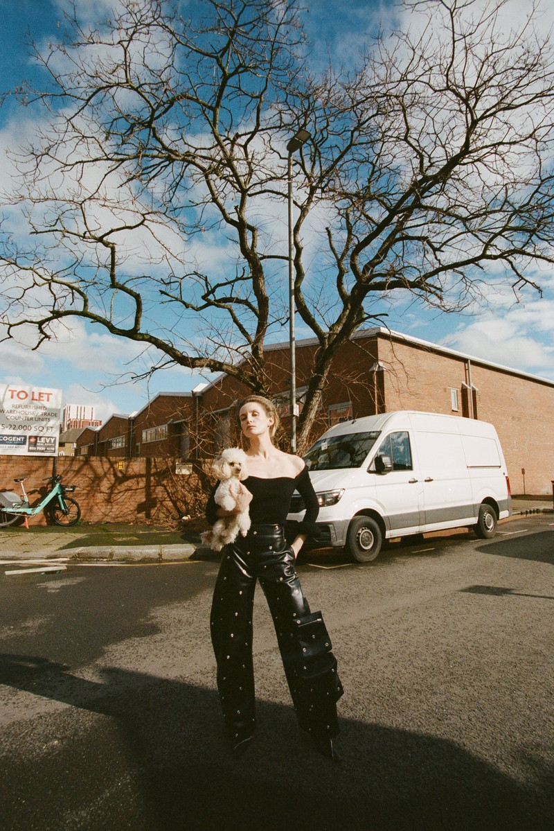 FAUX LEATHER STUD TROUSER WITH SNAP-ON POCKETS BLACK 12