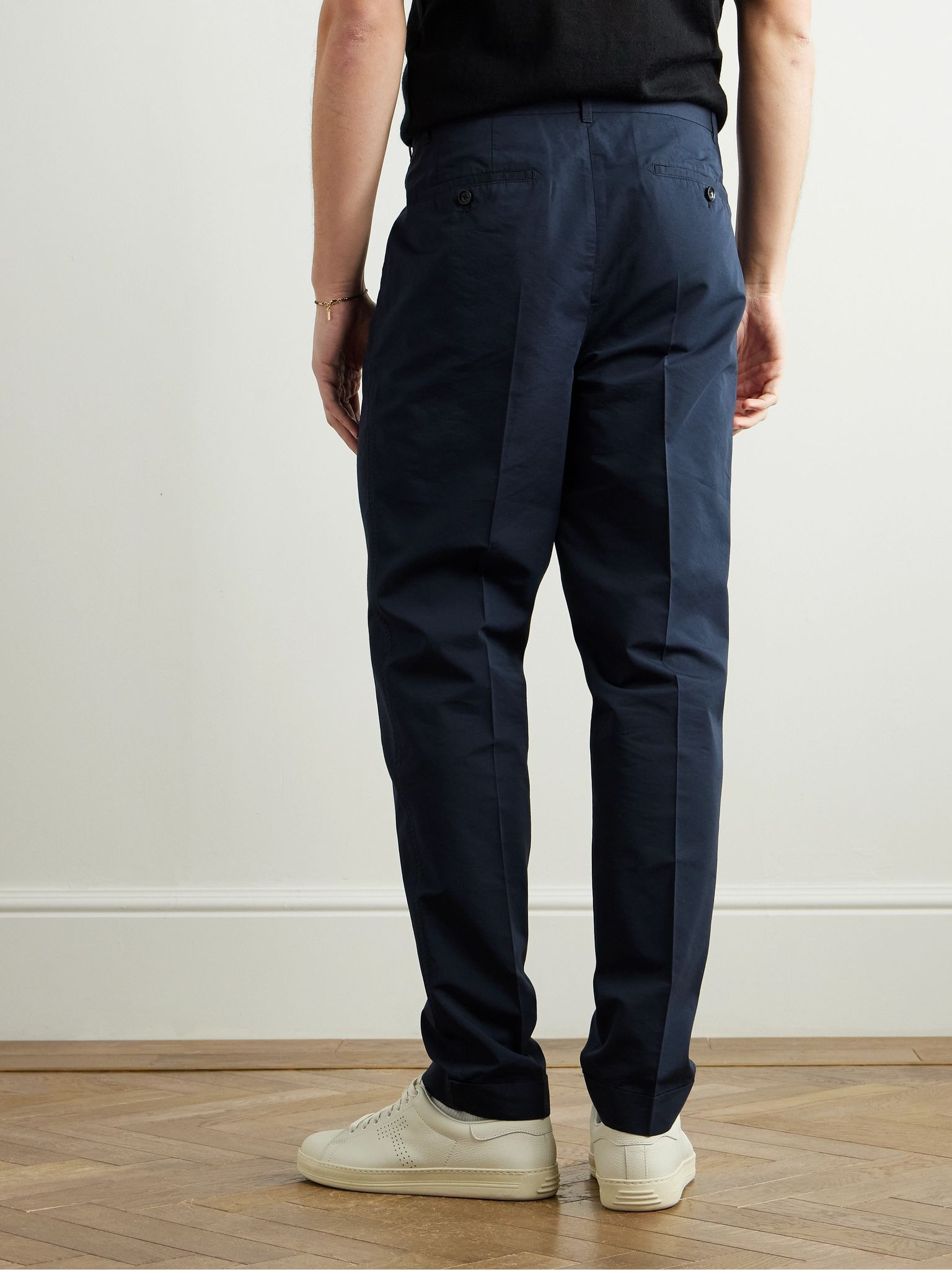 Straight-Leg Pleated Cotton and Silk-Blend Poplin Trousers Navy - 4