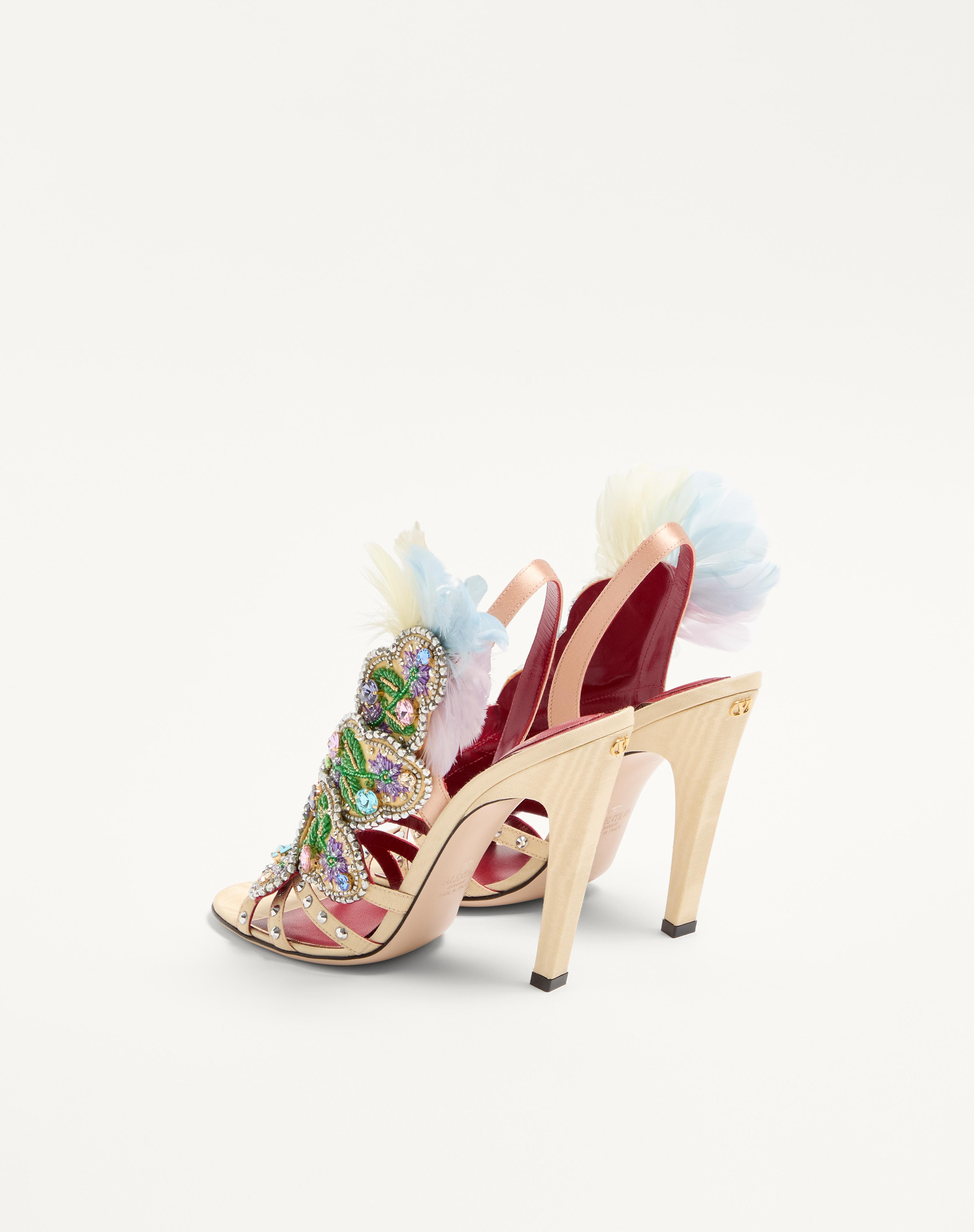 DANS LE FOYER SANDAL IN MOIRÉ FABRIC WITH FLORAL EMBROIDERY AND FEATHERS 105MM - 5