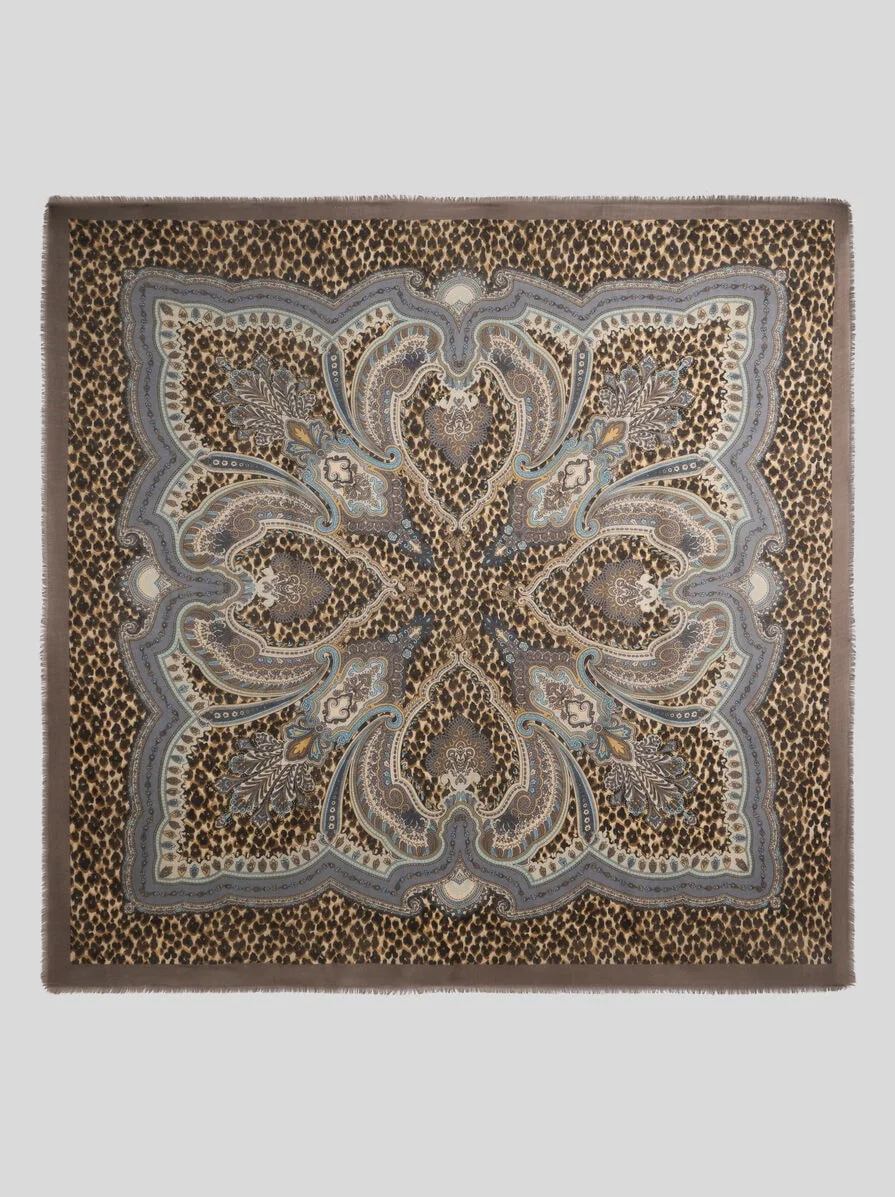 WOOL, CASHMERE AND SILK SHAWL WITH LEOPARD MOTIF - 1