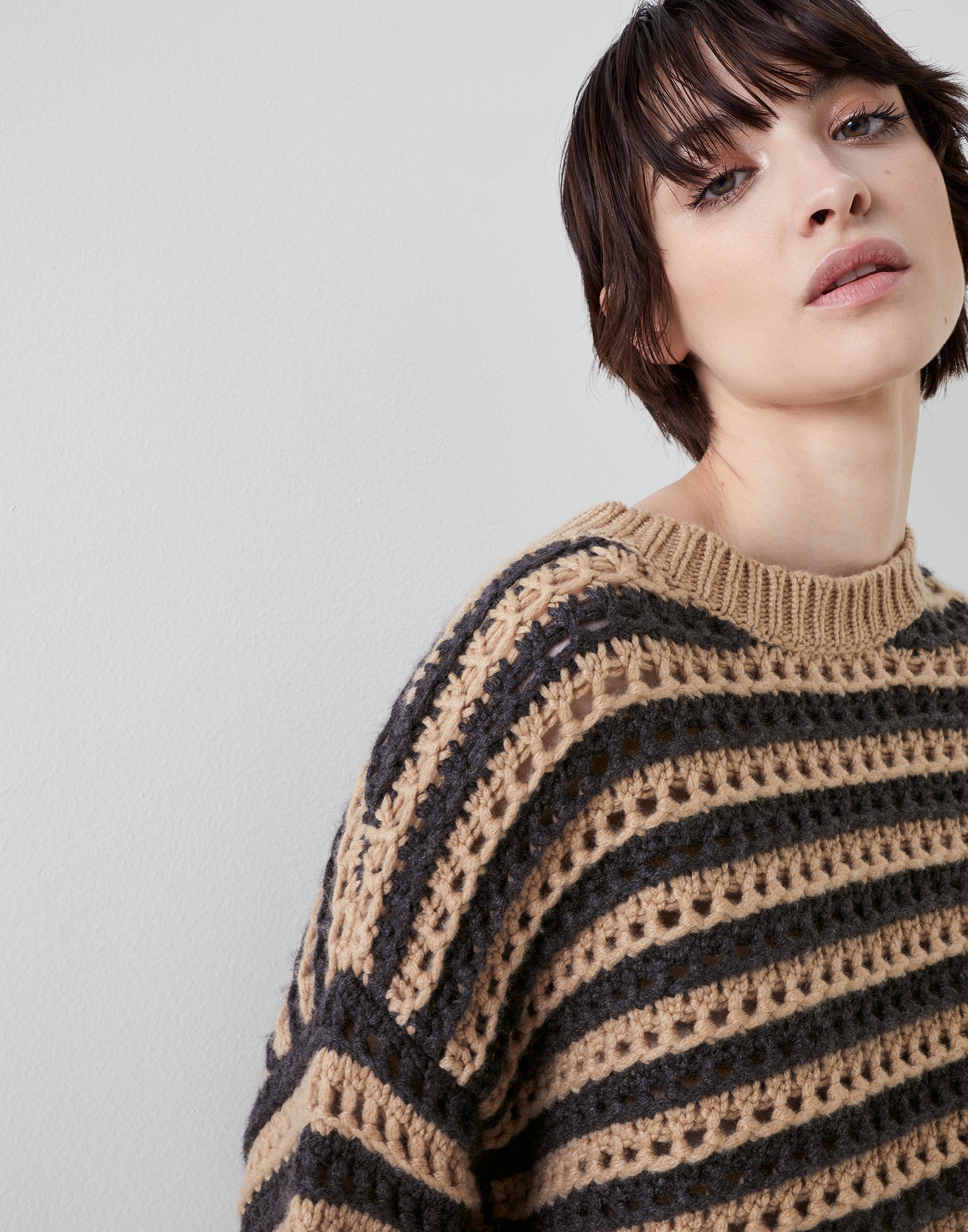 Striped net sweater in virgin wool, cashmere and silk feather yarn - 3