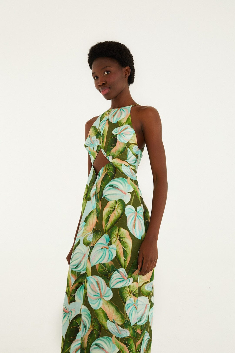 FARM RIO Green Anthurium Leaves Cut-Out Euroflax Premium Linen Midi Dress outlook