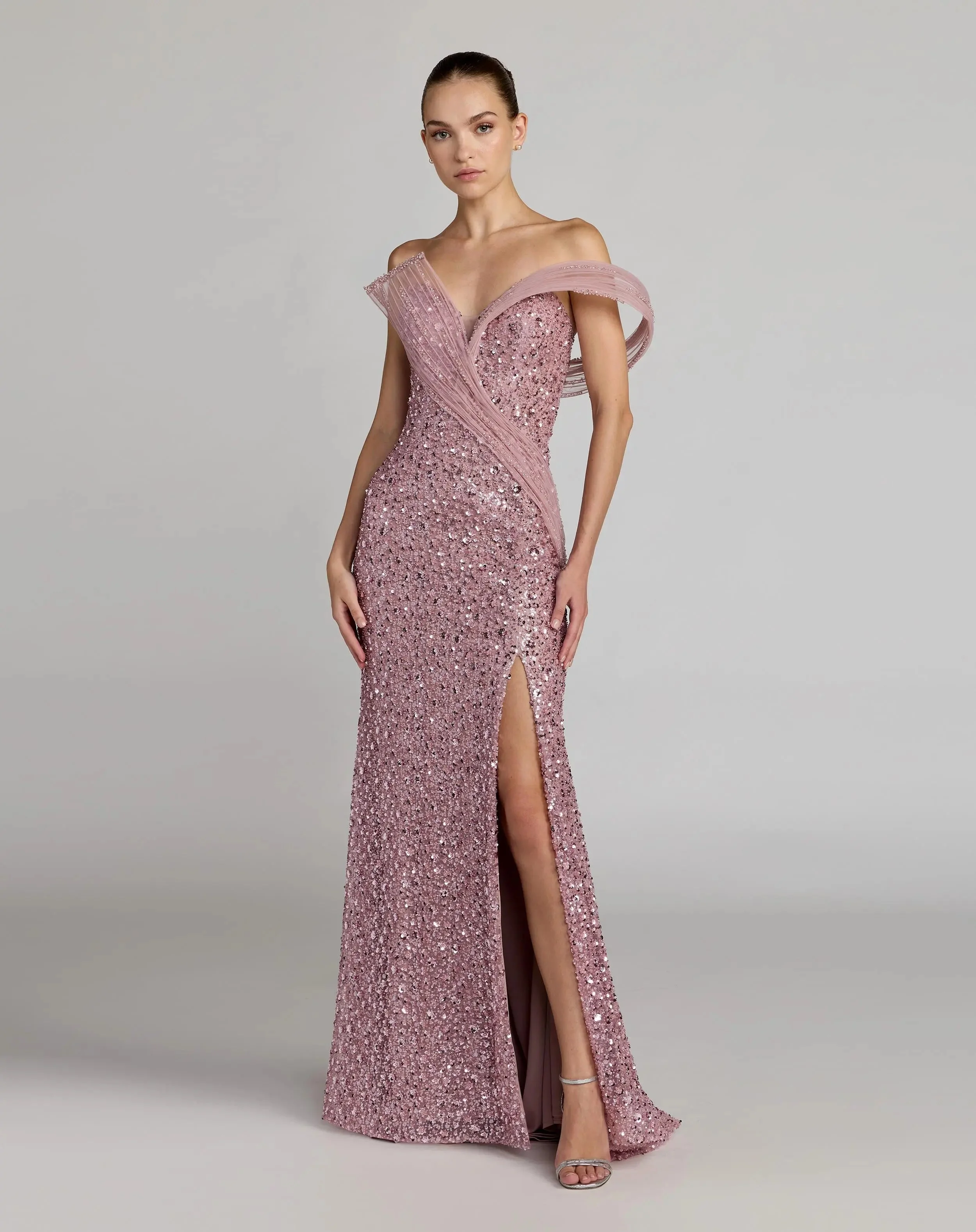 Blush Embellished Strapless Gown With Sculptural Drape - 1