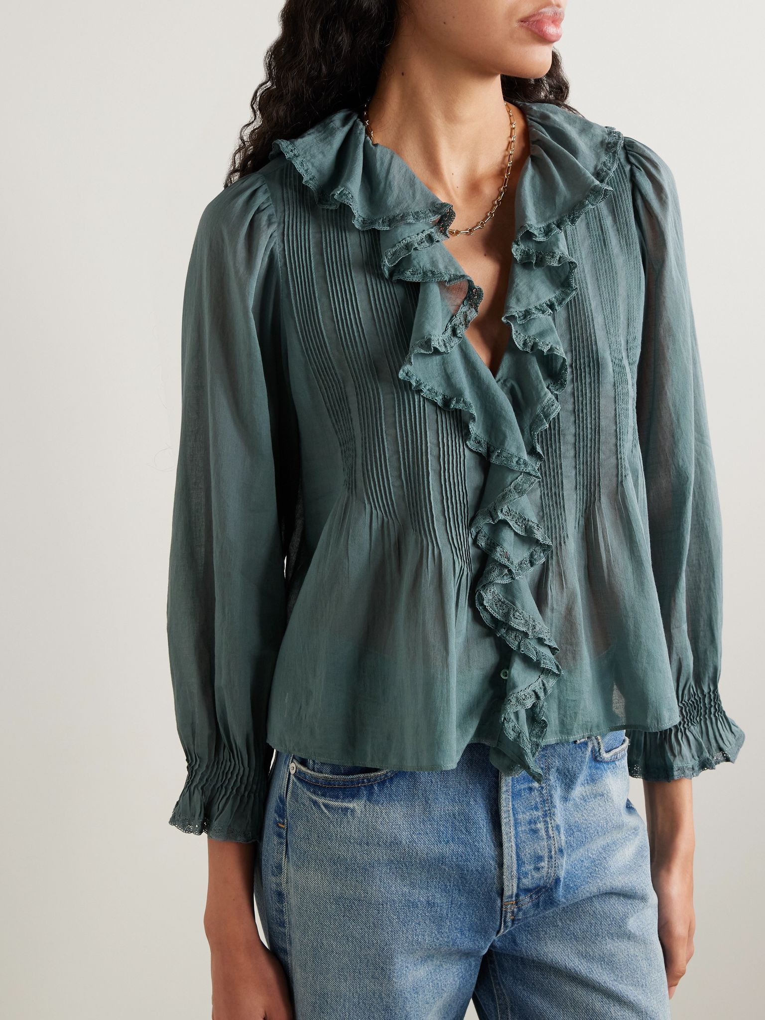 Hardy lace-trimmed ruffled pintucked organic cotton-voile blouse Storm blue - 3