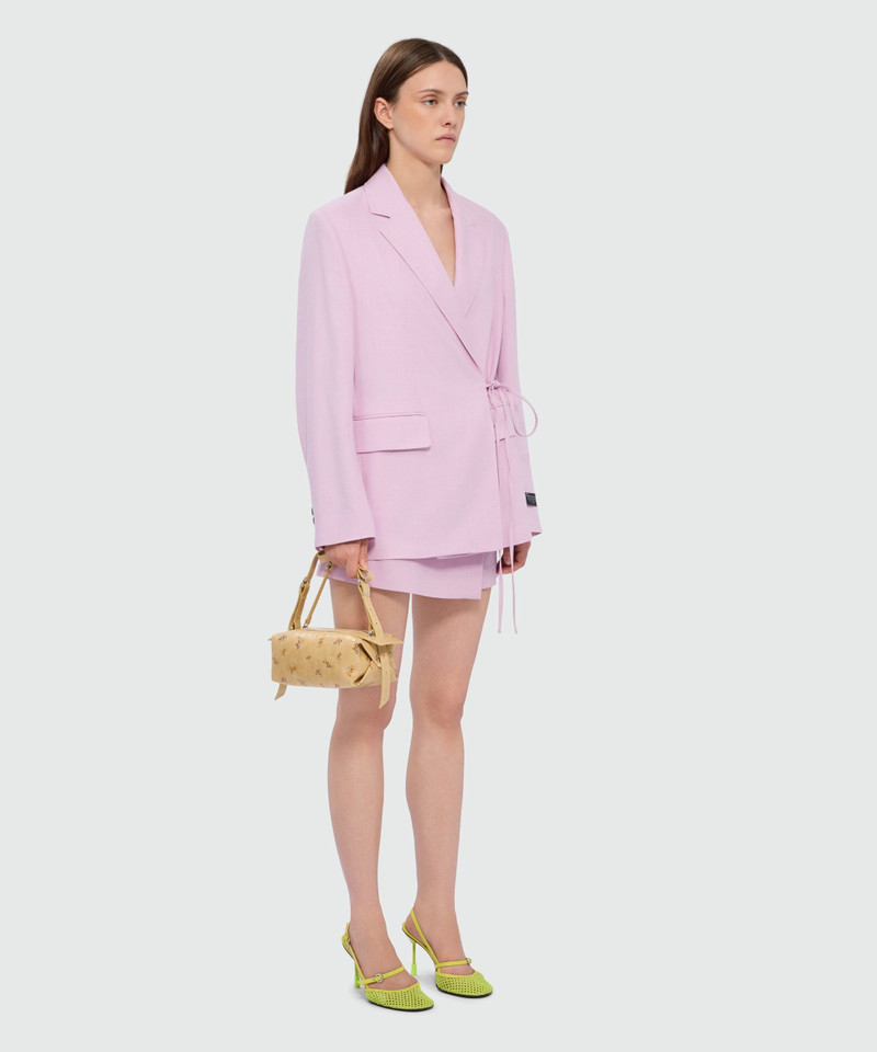 Pink viscose-blend canvas shorts with wrap closure and visible button 4