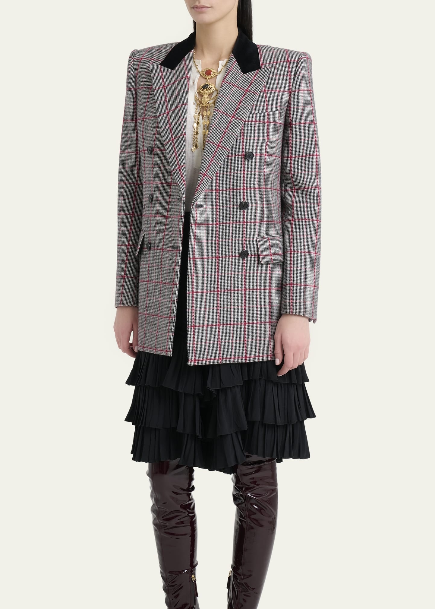 Check Wool Velvet-Trim Double-Breasted Jacket - 4