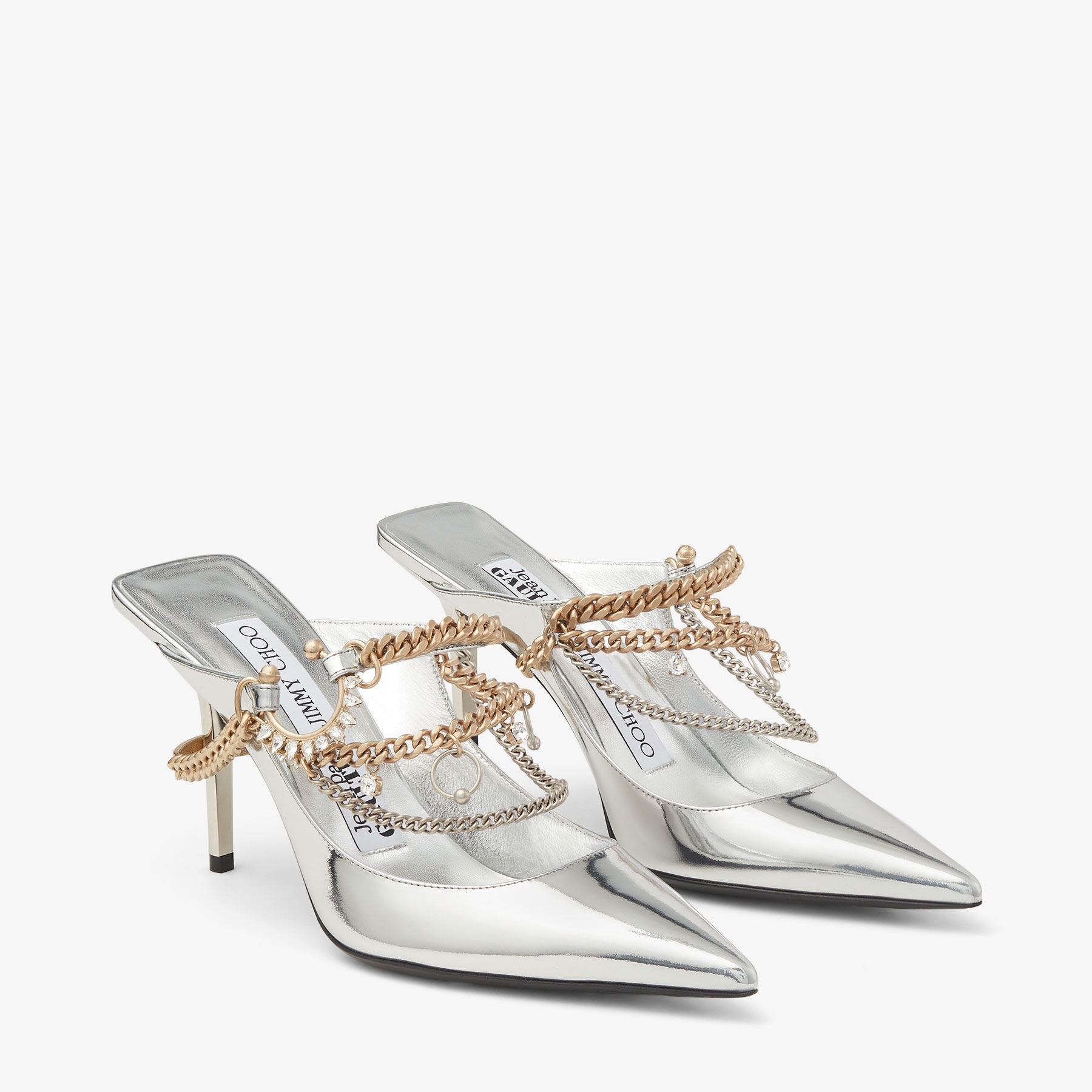 Jimmy Choo / Jean Paul Gaultier Bing 90
Silver Liquid Metal Leather Mules with Jewellery - 3