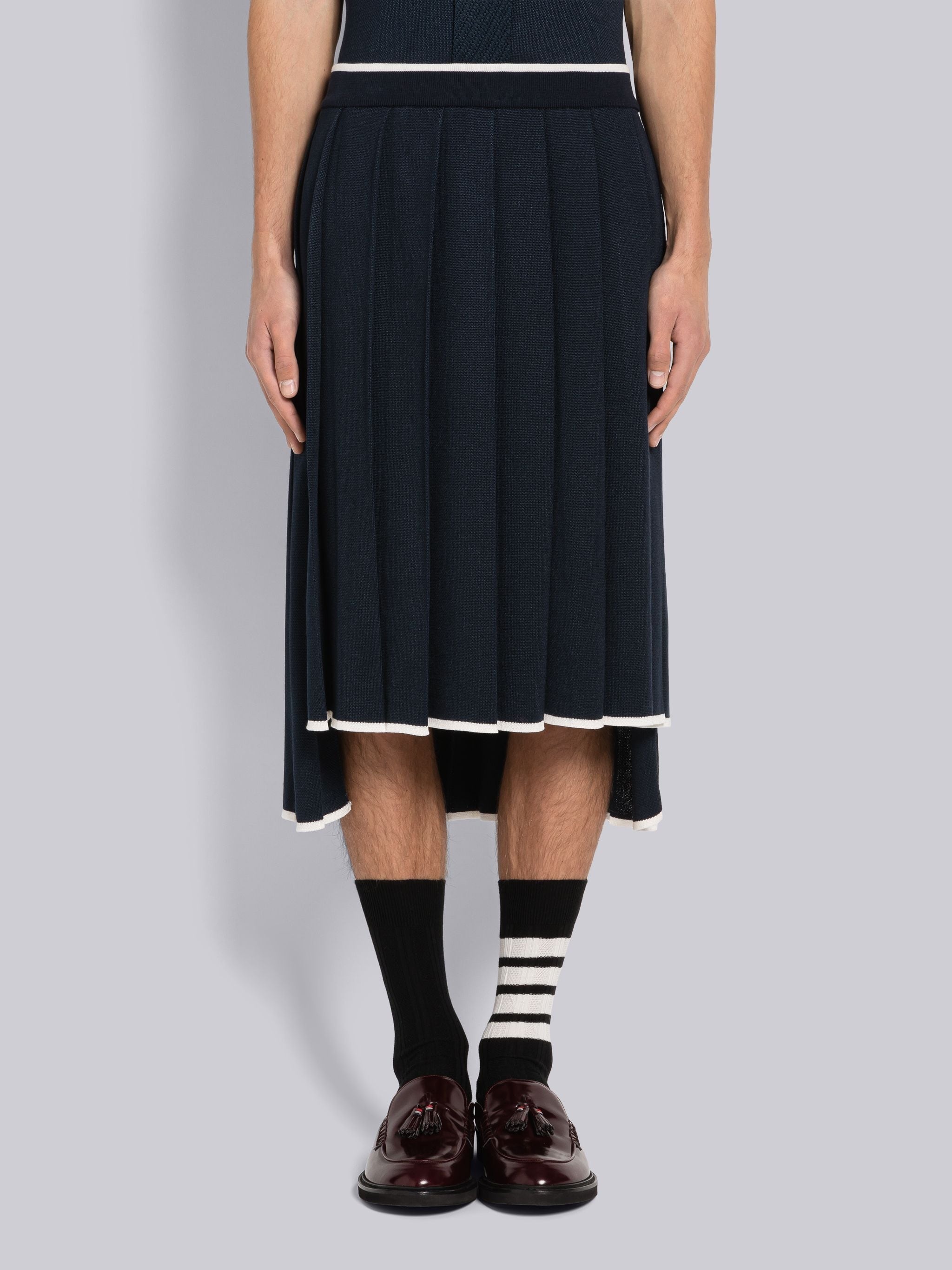 Birdseye Jacquard Stripe Below The Knee Pleated Skirt - 1