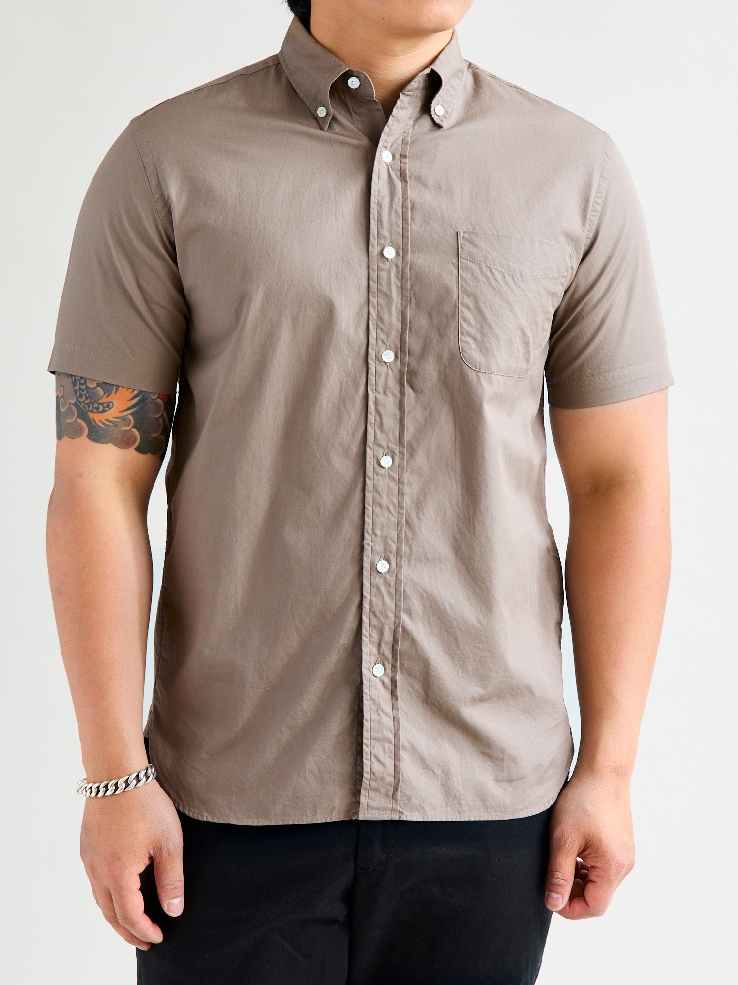 Broad Cloth Short Sleeve Button-Down Shirt in Beige - 2