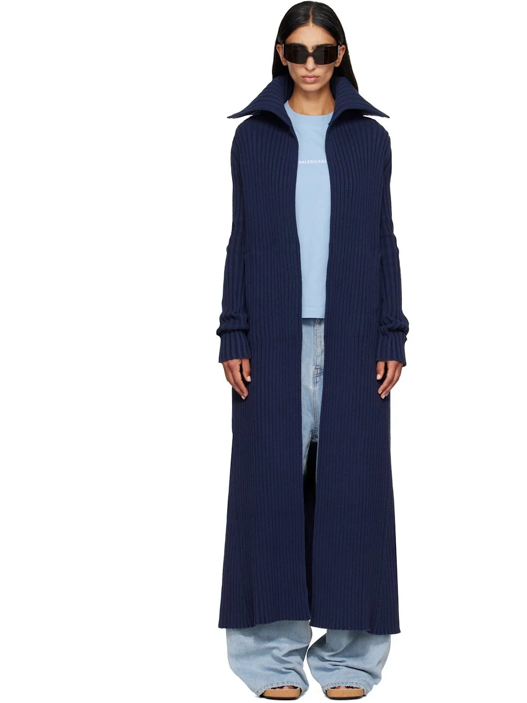 Navy Cotton Mix Thick Ribs Maxi Cardigan - 1