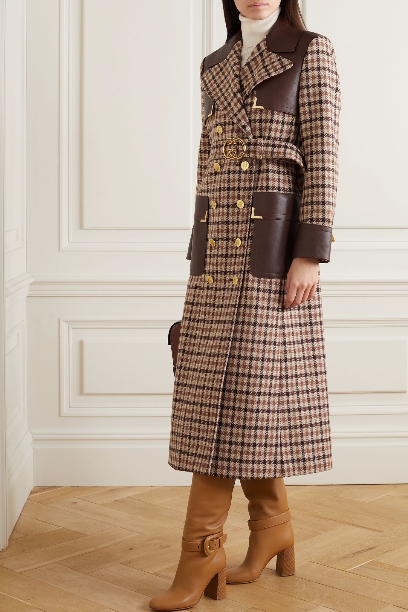 Belted leather-paneled checked wool-blend trench coat - 3