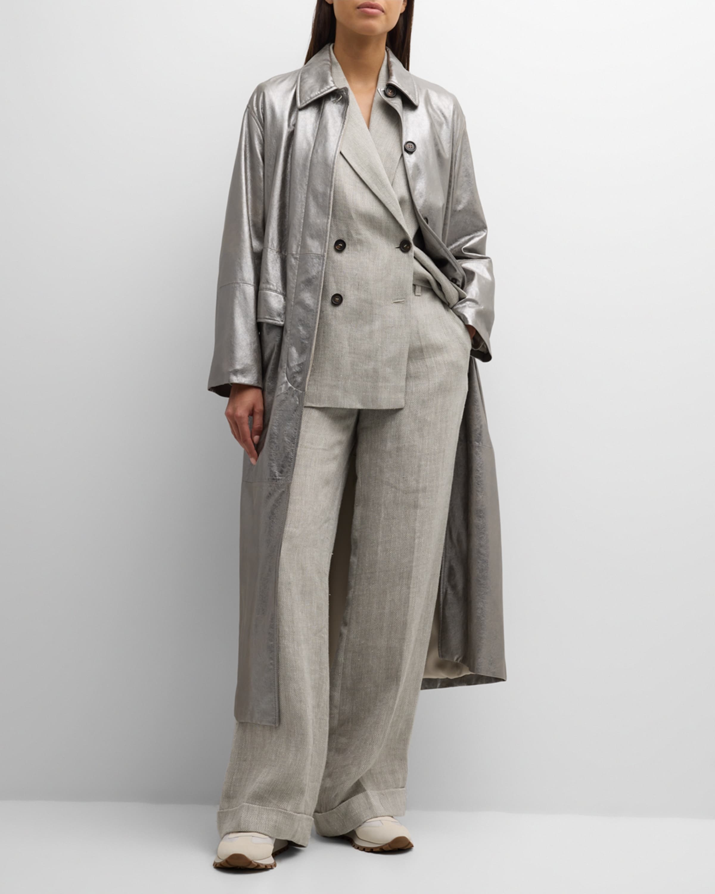 BRUNELLO CUCINELLI Herringbone cotton and linen-blend wide-leg pants