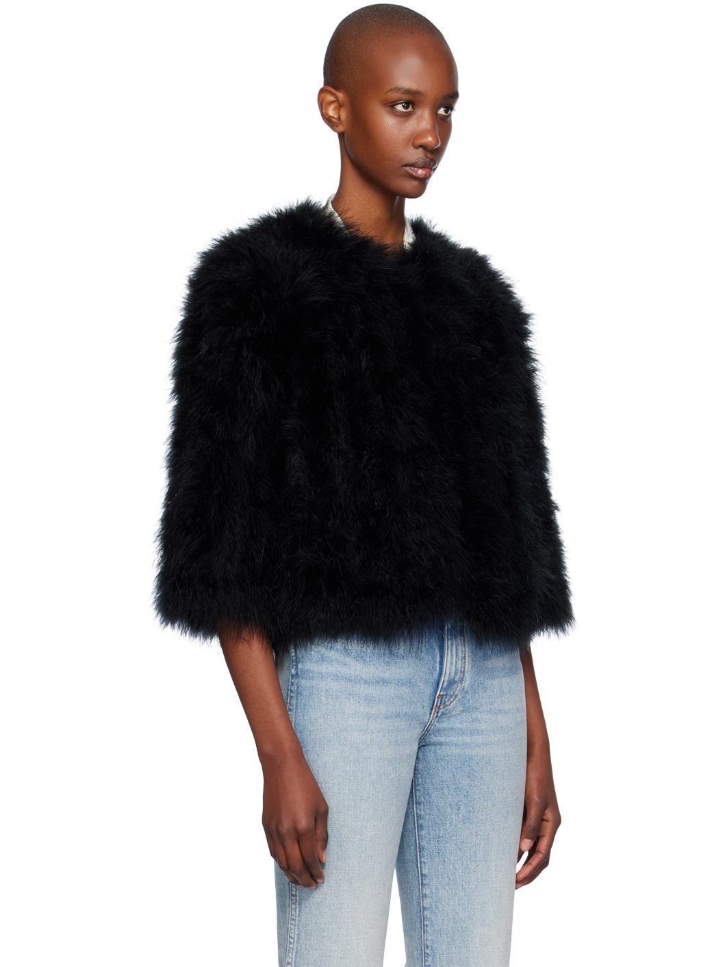 Black Cropped Feather Jacket - 2