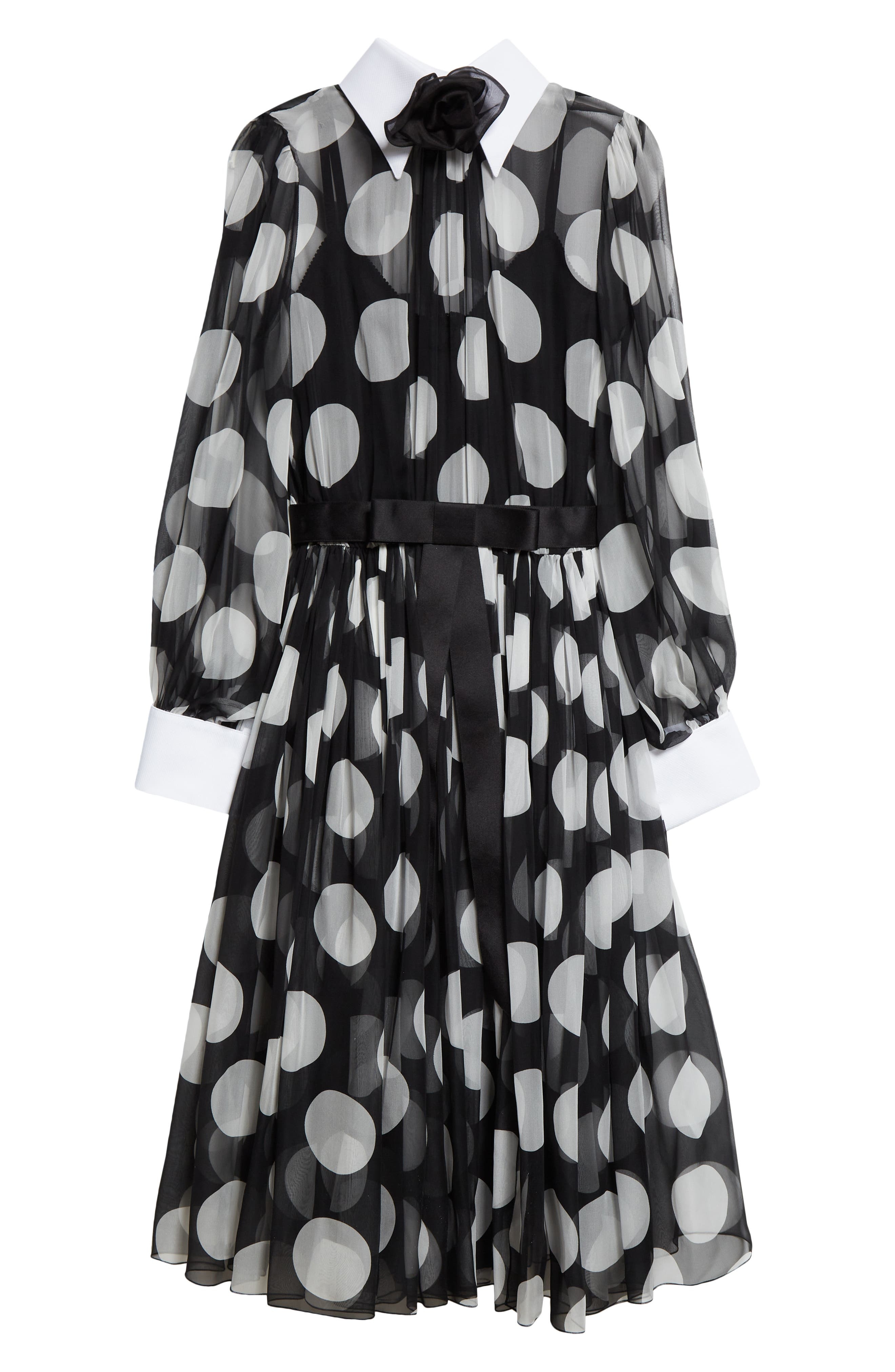 Polka Dot Long Sleeve Belted Chiffon Midi Dress - 5
