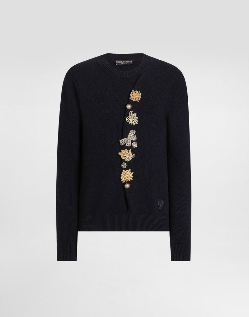 Wool round-neck sweater with bejeweled buttons 1