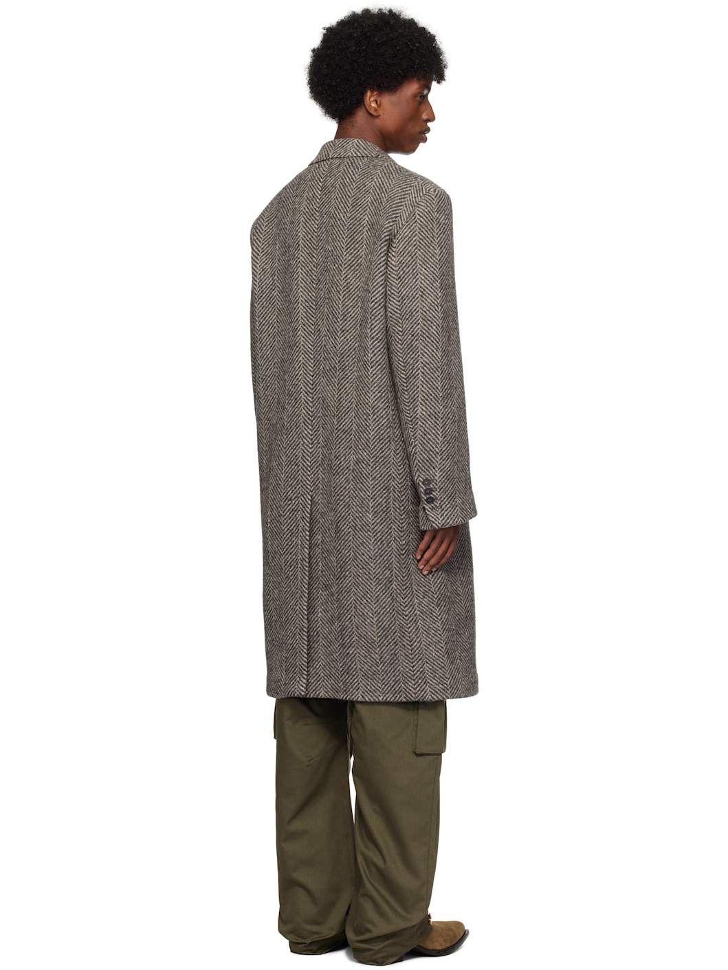 Gray Single-Breasted Wool Herringbone Coat - 3