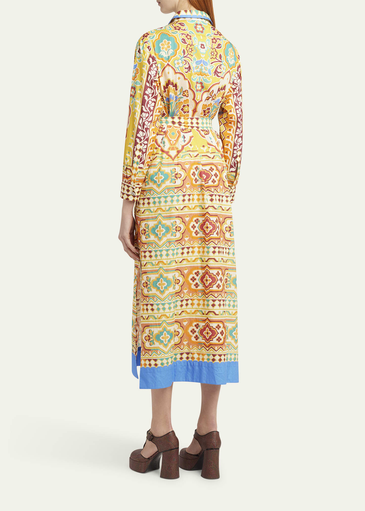 Tile-Print Belted Long-Sleeve Midi Shirtdress - 3