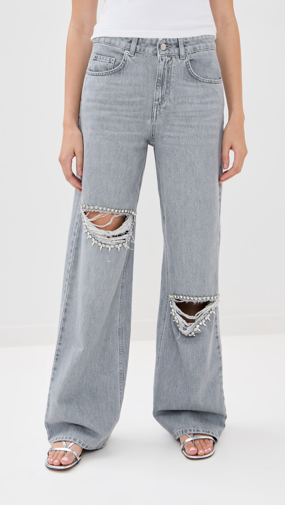 Distressed Crystal Relaxed Slit Jeans - 6